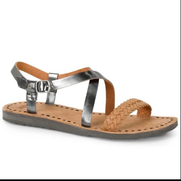 UGG Shoes - UGG Jordyne sandals leather strappy metallic silver tan brown braided size 11